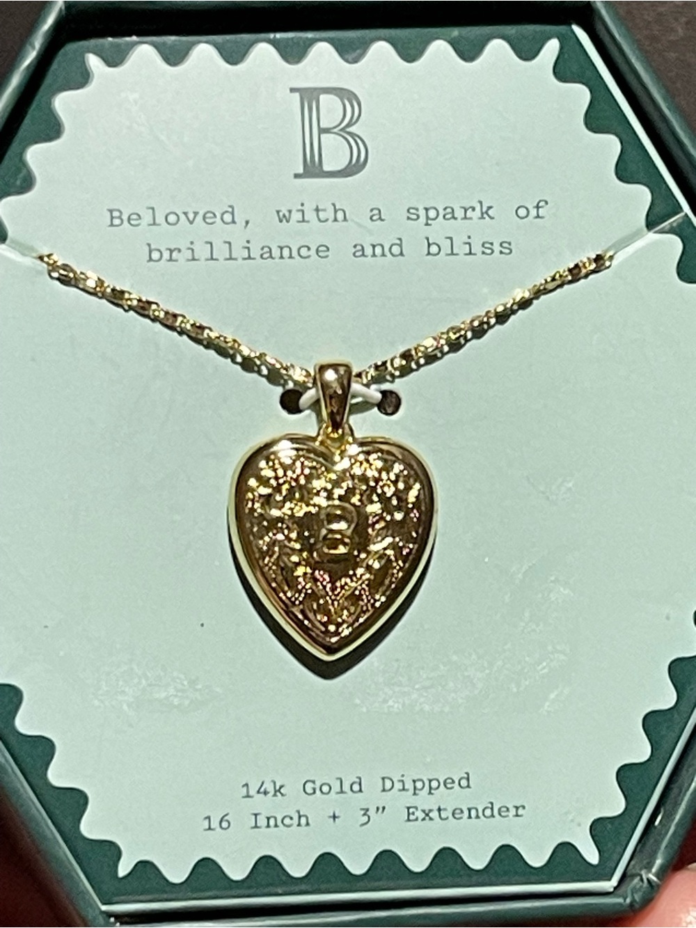 14k Gold-Dipped Heart Pendant Necklace - Gold initial B NEW IN BOX JEWELRY